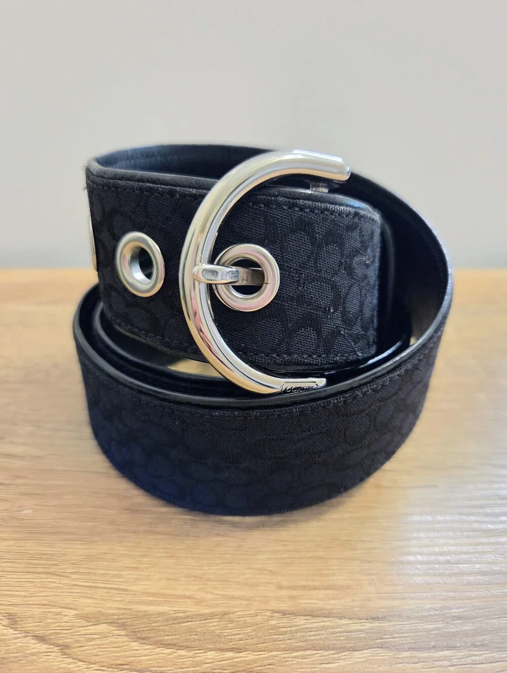 Coach Black Signature Soho Jacquard Canvas Grommet Belt Silver Buckle - Medium